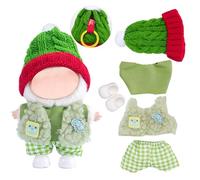 Christmas Clothes for Labubu Doll, 6.7 Inch Doll Clothing Set, 5 Pieces of Handmade Accessories for 17cm Labubu, Knitted Santa Hat + Green Plush Clothes +White Shoes