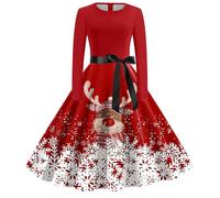 Christmas Clothes for Women UK 1950s Audrey Hepburn Style Penguin Long Sleeve Crew Neck Vintage Dress Rockabilly Gnomes Midi Swing A Line Plaid Fancy 1940s 60s Womens Xmas Dresses, Wine, XXL