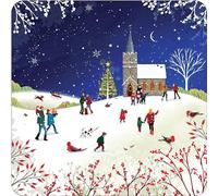 Christmas Coasters, Set of 6 Cork Coasters, 9.5cm Square, Snowy Church