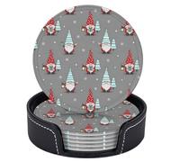 Christmas Coasters Set of 6 Cute Gnomes Xmas Tree Snowflake Gray Round Leather Drinks Coaster with Holder for Coffee Table Bar Kitchen Home Decor