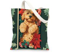 Christmas Cockapoo Dog Canvas Tote Bag for Shopping 13 * 15, Vintage Xmas Poinsettia Puppy Reusable Grocery Bag for Women, Fun Retro Aesthetic Painting Gift Decor