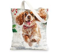 Christmas Cocker Spaniel Dog Canvas Tote Bag for Shopping 13 * 15, Cute Funny Xmas Reusable Grocery Bag for Women, Pet Work Travel Painting Gift Decor