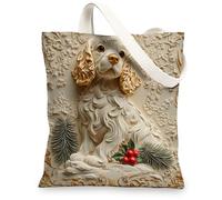 Christmas Cocker Spaniel Dog Canvas Tote Bag for Shopping 13 * 15, Fun Xmas Luxury Reusable Grocery Shoulder Cloth Bag for Women, Pet Painting Gift Decor