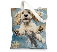 Christmas Cocker Spaniel Dog Canvas Tote Bag for Shopping 13 * 15, Luxury Snowflakes Reusable Grocery Bag for Women, Pet Travel Pattern Gift Decoration