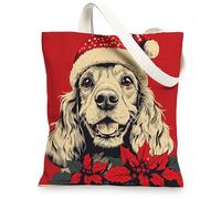 Christmas Cocker Spaniel Dog Canvas Tote Bag for Shopping 13 * 15, Xmas Poinsettia Reusable Grocery Bag for Women, Pet Travel Pattern Gift Decoration
