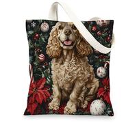 Christmas Cocker Spaniel Dog Canvas Tote Bag for Shopping 13x15, Xmas Candy Poinsettia Puppy Reusable Grocery Print Bag for Women Men, Holiday Pet Aesthetic Painting Gift Decor