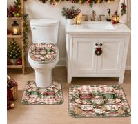 Christmas Cocoa Mug Holiday Quote Hot Mugs Bathroom Rugs Sets 3 Piece | Buffalo Plaid Pattern, Bath Mat, Gingerbread Biscuit , Pine Branches, Seasonal Home Decor, Winter Bathroom Accessories