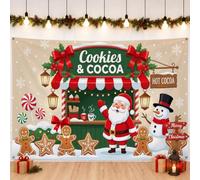 Christmas Cocoa Stand Santa Scene Claus Backdrop Banner 83x59 Inch | Gingerbread Biscuit , Photography Backdrop, Snow Man, Hot Cocoa Stand, Seasonal Party, Winter Decor