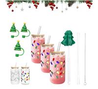 Christmas Color Changing Glass Cup with Lid & Straw, 500ml (18oz) Cute Reusable Iced Coffee Cup with Christmas Tree Straw Topper - Birthday, Valentines Day Gift - Xmas Gifts for Women (3 PCS)