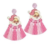 Christmas Colorful Tassel Wooden Dangle Earrings for Women Cute Christmas Tree Green Monster Santa Wood Drop Earrings with Hand-Woven Tassel Winter Christmas Jewelry Gift, Zinc, No Gemstone