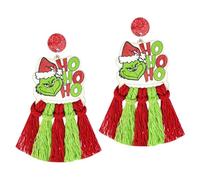 Christmas Colorful Tassel Wooden Dangle Earrings for Women Cute Christmas Tree Green Monster Santa Wood Drop Earrings with Hand-Woven Tassel Winter Christmas Jewelry Gift, Zinc, No Gemstone