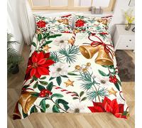Christmas Comforter Cover Super King,Xmas Botanical Flowers Bedding Set Poinsettia Berries Duvet Cover Christmas Home Room Decor Happy New Year Bed Set Red Green Beige Zipper 3 Pcs