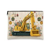 Christmas Construction Equipment Makeup Bag, Festive Holiday Heavy Machinery Cosmetic Pouch for Kids, Portable Zipper Organizer, Winter Gift Toiletry Bag, Yellow, 7x9 Inch, Construction Equipment