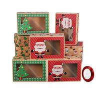 Christmas Cookie Boxes Doughnut Boxes Bakery Box Christmas Kraft Paper Boxes with Clear Window,Gift Boxes for Presents Green and Red Holiday Designs with Xmas Ribbons for on Holiday Party(Set of 12)