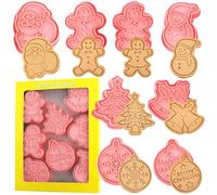 Christmas Cookie Cutter Set, 8 Pieces 3D Pressable Christmas Cookie Stamps- Gingerbread Man, Christmas Tree, Snowman, Santa, Bells, Snowflake and Ornament