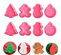 Christmas Cookie Cutters Fondant Stamper, Pastry Cutter, Christmas Tree, Snowman, Gingerbread and Egg Stamper, Direct Embossing, Spring-Loaded Handle Cutter Set (Pink)