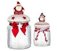 Christmas Cookie Jar Glass with Ceramic Novelty Lid for Christmas Sweets Chocolates Candies Biscuits Nuts Containers Kitchen Décor (Set of 2)