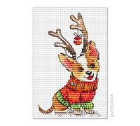 Christmas Corgi Cross Stitch Kit with DMC Threads & Fabric, Festive Puppy in Cute Winter Jumper, Quick Small Card Size Easy Embroidery Gift, Mini Dog Craft Idea