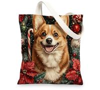 Christmas Corgi Dog Canvas Tote Bag for Shopping 13x15, Xmas Candy Poinsettia Puppy Reusable Grocery Print Bag for Women, Holiday Pet Beach Aesthetic Painting Gift Decor