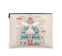 Christmas Cosmetic Bag, Cute Fairy and Tree Pattern Travel Pouch for Women, Portable Small Canvas Zipper Organizer, Holiday Skincare Toiletry Bag, Beige, 7x9 Inch, Cosmetic