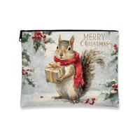 Christmas Cosmetic Bag Cute Squirrel with Portable Zipper Pouch for Women Small Canvas Toiletry Organizer Holiday Makeup Bag, Red -, 7x9 Inch, Squirrel