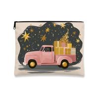 Christmas Cosmetic Bag, Peach Truck with Gifts Holiday Makeup Pouch for Women, Portable Small Canvas Zipper Organizer, Seasonal Skincare Toiletry Bag, Peach, 7x9 Inch, Truck