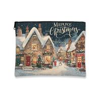 Christmas Cosmetic Bag, Vintage Snowy Village Holiday Makeup Pouch for Women, Portable Small Canvas Zipper Organizer for Travel, Seasonal Toiletry Bag, Multicolor, 7x9 Inch, Christmas