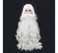 Christmas Cosplay Wig Beard Santa Claus White Curly Long Synthetic Hair Heat Resistance + Wig Cap Wig and Bear