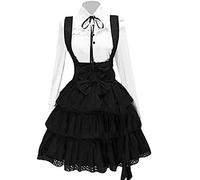 Christmas Costumes Women's Costume Has 2PC Costume 1PC Dress+ 1PC Bow Tie Pure Color Medium Skirt Temperament Black Lolita Skirt Suit Lapel High Waist Dress(Black,5XL)
