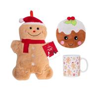 Christmas Cosy Gift Set with Gingerbread Hot Water Bottle, Gingerbread Mug & Pudding Plush Handwarmer - Festive Winter Warmer Bundle for Hot Chocolate, Relaxing Nights & Seasonal Gifting