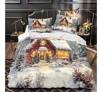 Christmas cottage 3D Printing Duvet Insert Cover 3-Piece Microfiber Lightweight Breathable Festive winter scene Comforter Cover 2 Pillowcases Hidden Zipper Bed Set Girls Bedroom Double（200x200cm）