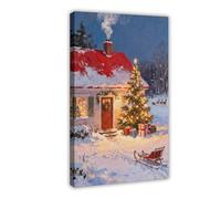 Christmas Cottage Snowy Scene Oil Painting Canvas Wall Art Festive Decor Canvas Poster Wall Art Decor Print Picture Paintings for Living Room Bedroom Decoration 08x12inch(20x30cm)