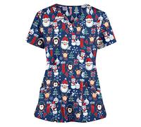 Christmas Cotton Nurse Scrubs Tops - V Neck Short Sleeve Tunic Uniform with Double Pockets - Xmas Snowflake Pattern - Red