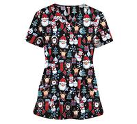 Christmas Cotton Nurse Scrubs - V Neck Short Sleeve Tunic Uniform with Double Pockets - Xmas Snowflake Pattern - Black