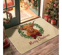 Christmas Cow Doormat, Rustic Highland Cattle Indoor & Outdoor Entry Mat with Green Wreath and Red Bow, Non-Slip Holiday Decor, Easy to Clean 29x17 Inch