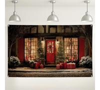 Christmas Cozy Cottage Backdrop, Vintage Holiday Scene Photography Background, Red and Green Winter Decor for Indoor/Outdoor Parties 71x43 Inch