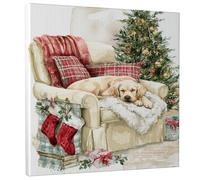 Christmas Cozy Dog Wall Art, Red Green Holiday Home Decor, Winter Aesthetic Canvas for Living Room, Bedroom, Office, Animal Lovers 12x12 Inch