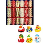 Christmas Crackers Selection Box with Festive Rubber Ducks, 35.5 cm, 6 Festive Designs in Red and Green with Satin Ribbons