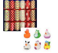 Christmas Crackers Selection Box with Rubber Ducks, 35.5 cm, 6 Festive Designs in Red and Green with Satin Ribbons