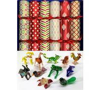 Christmas Crackers with glass animal figurines, set of 6 in red and green, with satin ribbons