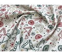 Christmas - Crafting Fabric Red & Green Christmas Trees Love Hearts & Snowflakes On Cream Background 100% Cotton 135 cm / 53" Wide