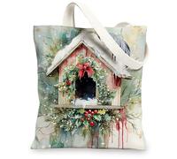 Christmas Cranes Bird Canvas Tote Bag for Shopping 13 * 15, Fun Watercolor Birdhouse Reusable Grocery Bag for Women, Winter Travel Painting Gift Decoration