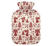 Christmas Cream Maroon Angel Tree Holly Water Bottle for Hot Water with Soft Cover, 1L Water Bag for Neck Shoulder Warmer
