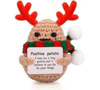 Christmas Crochet Potato, Funny Animal Decor with Antlers and Plaid Scarf, Positive Handmade Gift with Message for Holiday Cheer, Xmas Stocking Stuffer