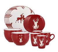 Christmas Crockery 16 Pc Christmas Dinner Set Dishwasher/Microwave Safe Red & White Hand Painted Stoneware Crockery Dinner Service for 4 - Four Place Settings of Mug, Bowl, Side Plate & Dinner Plate