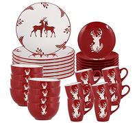 Christmas Crockery 32 Pc Christmas Dinner Set Dishwasher/Microwave Safe Red & White Hand Painted Stoneware Crockery Dinner Service for Eight - 8 Place Settings of Mug, Bowl, Side Plate & Dinner Plate