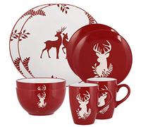 Christmas Crockery 8 Piece Christmas Dinner Set Dishwasher/Microwave Safe Red & White Hand Painted Stoneware Crockery Dinner Service for 2 - Two Place Settings of Mug, Bowl, Side Plate & Dinner Plate