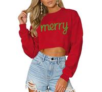Christmas Crop Sweatshirt for Women Merry and Bright Sequin Letter Graphic Striped Long Sleeve Pullover Gift Tops, Red, Large