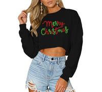 Christmas Crop Sweatshirt for Women Merry and Bright Sequin Letter Graphic Striped Long Sleeve Pullover Gift Tops, Black, XL