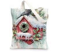 Christmas Crow Ravens Bird Canvas Tote Bag for Shopping 13 * 15, Fun Watercolor Birdhouse Reusable Grocery Bag for Women, Winter Travel Pattern Gift Decoration